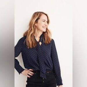 Madewell 100% Silk Tie Neck Button Down Shirt Stripe Navy Blue Burgundy sz Small